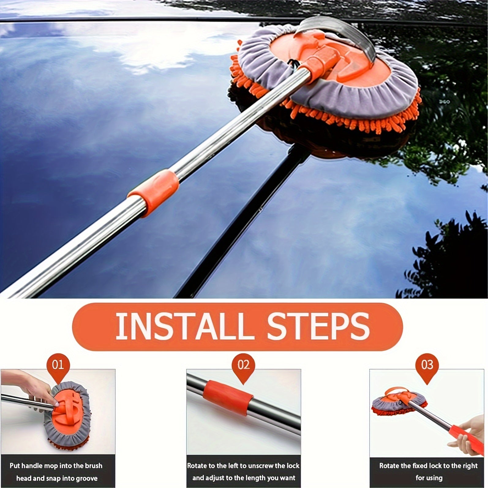 Microfiber Car Wash 2in1 Microfiber Car Wash Brush Mop Set, 47.5Inch Long Handle Kit, Chenille Microfiber Sponge Duster, No Paint Damage No Scratches, for Cleaning Cars, Trucks, SUVs, RVs, Trailers, Boats