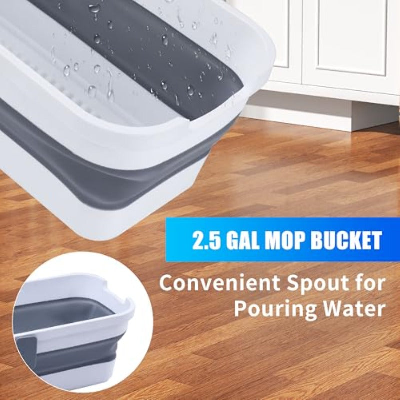 Collapsible Bucket and Adjustable Mop Set with Floor Brush Retractable Rubber Scraper for Garage Patio Shower Bathroom Marble Glass and Tile Floors Removes Water Foam and Pet Hair