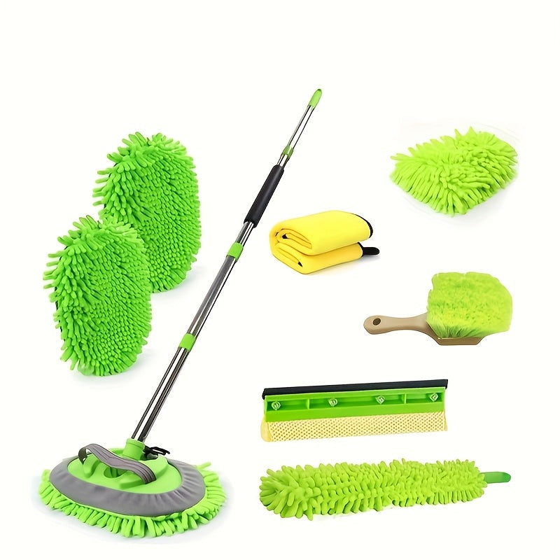 A Car Cleaning Kit with 8 Tools Including a 62-Inch (Approximately 157.5 Cm) Retractable Mop, Sponges, Chenille Microfiber Brushes, Scratch-Resistant Replacement Heads, And Dusters, Suitable for And Trucks, Without Battery