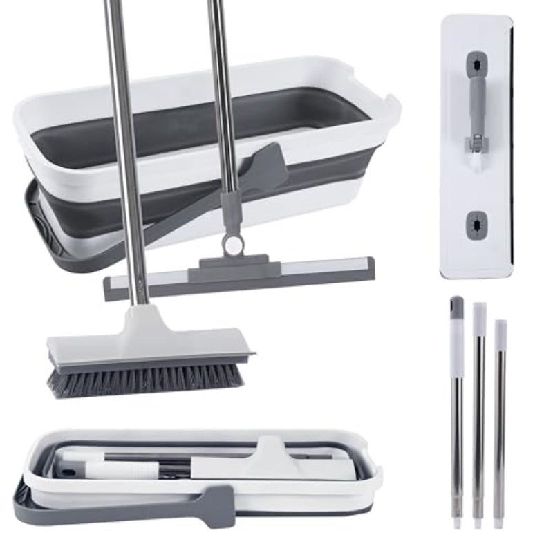 Collapsible Bucket and Adjustable Mop Set with Floor Brush Retractable Rubber Scraper for Garage Patio Shower Bathroom Marble Glass and Tile Floors Removes Water Foam and Pet Hair