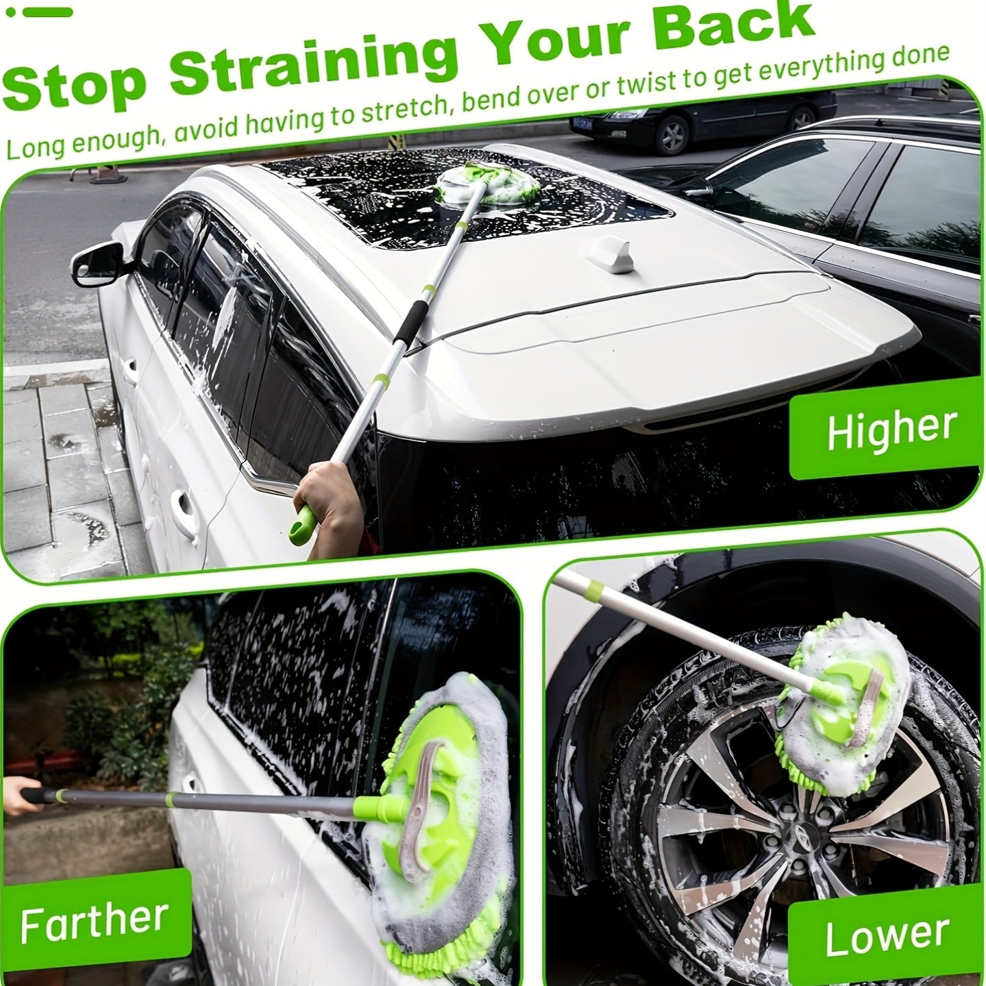 A Car Cleaning Kit with 8 Tools Including a 62-Inch (Approximately 157.5 Cm) Retractable Mop, Sponges, Chenille Microfiber Brushes, Scratch-Resistant Replacement Heads, And Dusters, Suitable for And Trucks, Without Battery