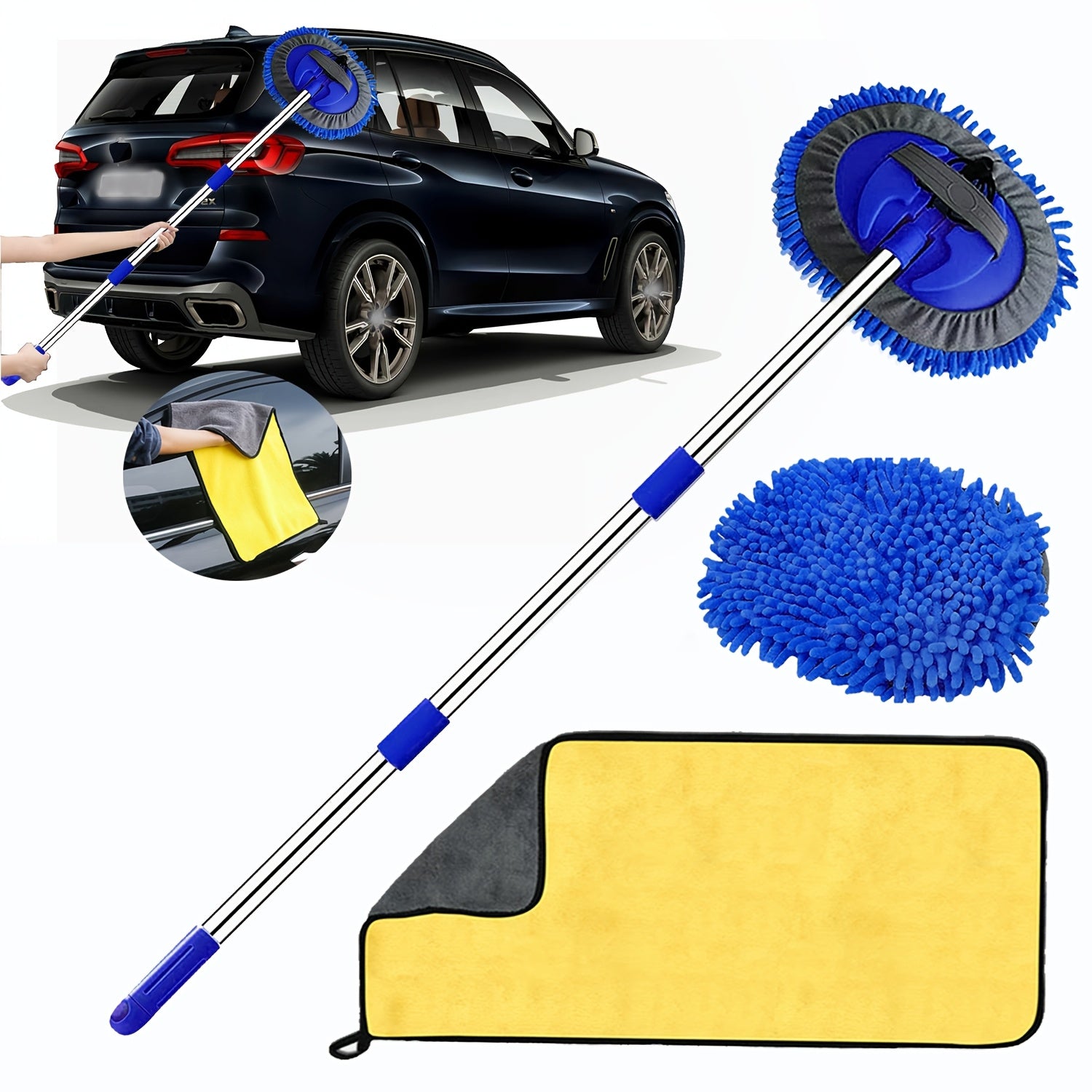 Microfiber Car Wash 2in1 Microfiber Car Wash Brush Mop Set, 47.5Inch Long Handle Kit, Chenille Microfiber Sponge Duster, No Paint Damage No Scratches, for Cleaning Cars, Trucks, SUVs, RVs, Trailers, Boats
