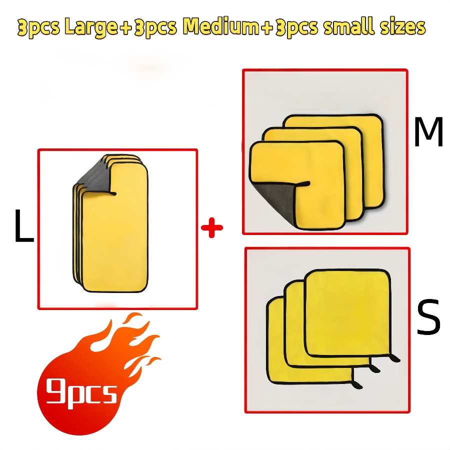 9P Thickened Microfiber Car Wash Cloth - Super Absorbent Towel for Car Glass, Interior and Exterior Cleaning, Yellow and Black Design, Durable Polyester Material, Perfect for Car Wash and Maintenance, Car Cleaning Essentials, Car Wash Accessories