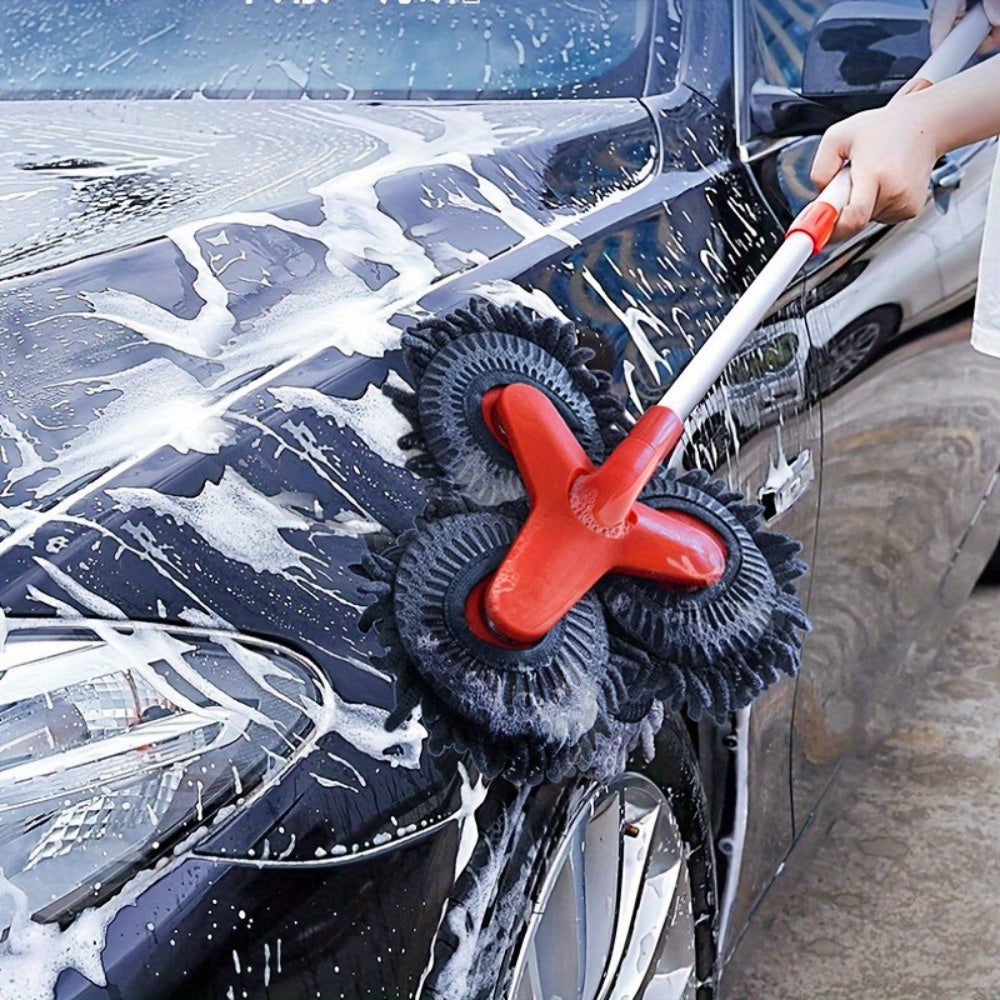 Newly Upgraded Microfiber Car Wash Brush Mop Kit with Long Handle, Chenille three Brush Head Mop, Duster Cleaning Supplies, Car Washing Tools, Durable PP Material