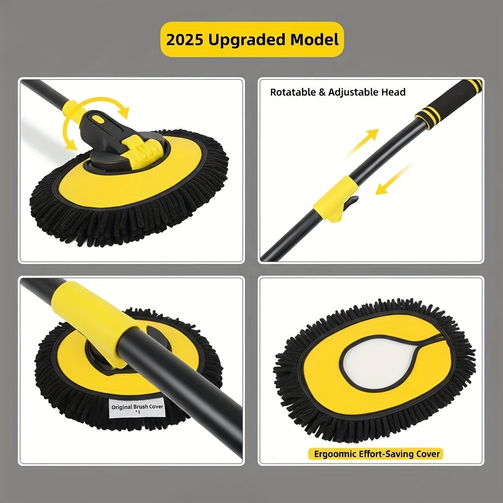 Car Wash Mop with One Replacement Head Cover. Telescopic Bendable Car Wash Brush with Chenille Soft Fibers