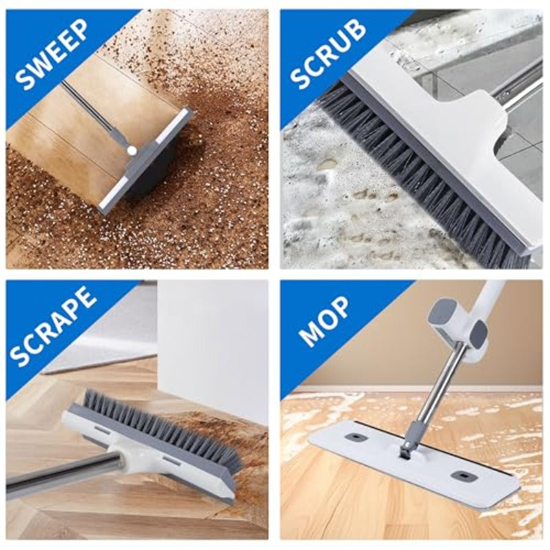 Collapsible Bucket and Adjustable Mop Set with Floor Brush Retractable Rubber Scraper for Garage Patio Shower Bathroom Marble Glass and Tile Floors Removes Water Foam and Pet Hair