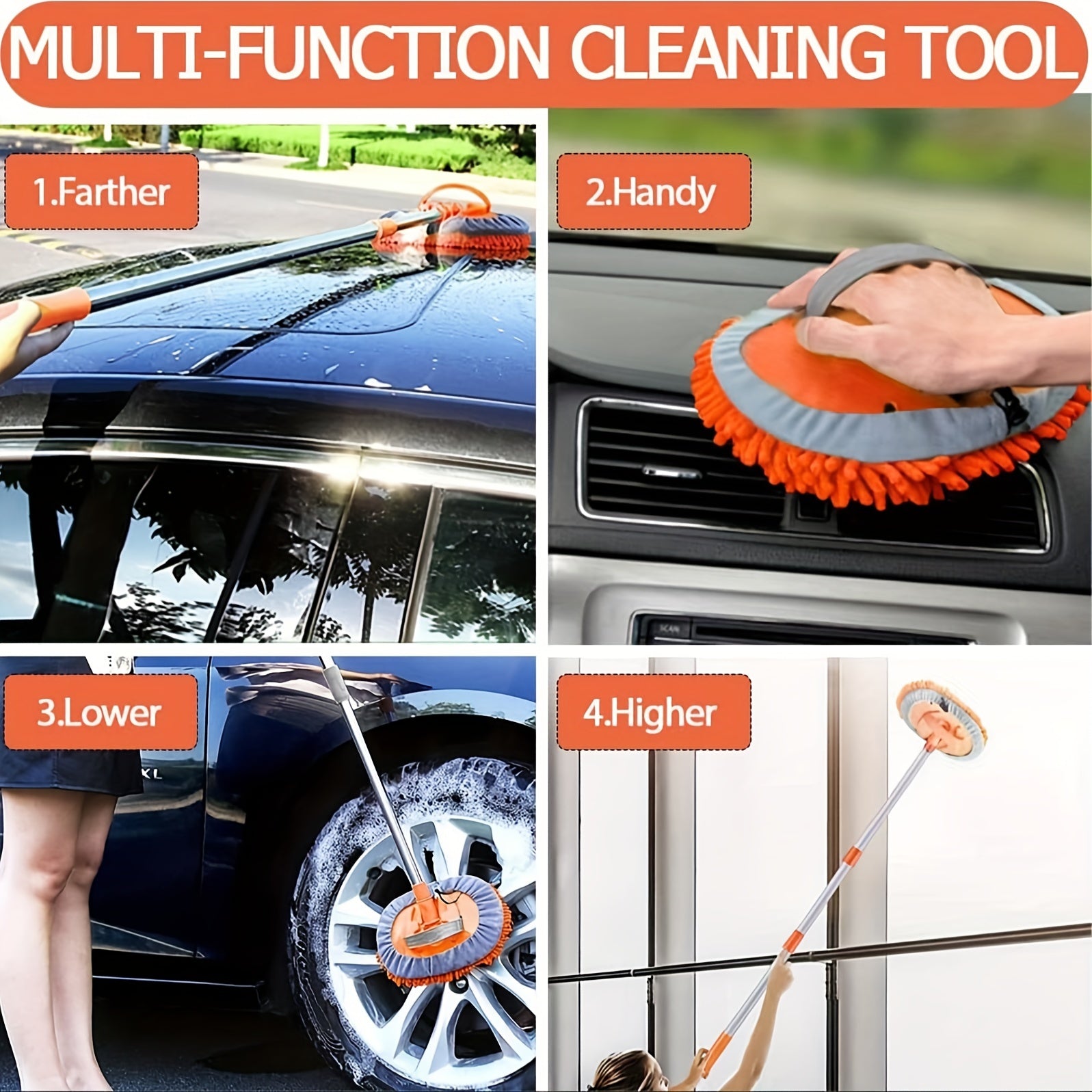 Microfiber Car Wash 2in1 Microfiber Car Wash Brush Mop Set, 47.5Inch Long Handle Kit, Chenille Microfiber Sponge Duster, No Paint Damage No Scratches, for Cleaning Cars, Trucks, SUVs, RVs, Trailers, Boats