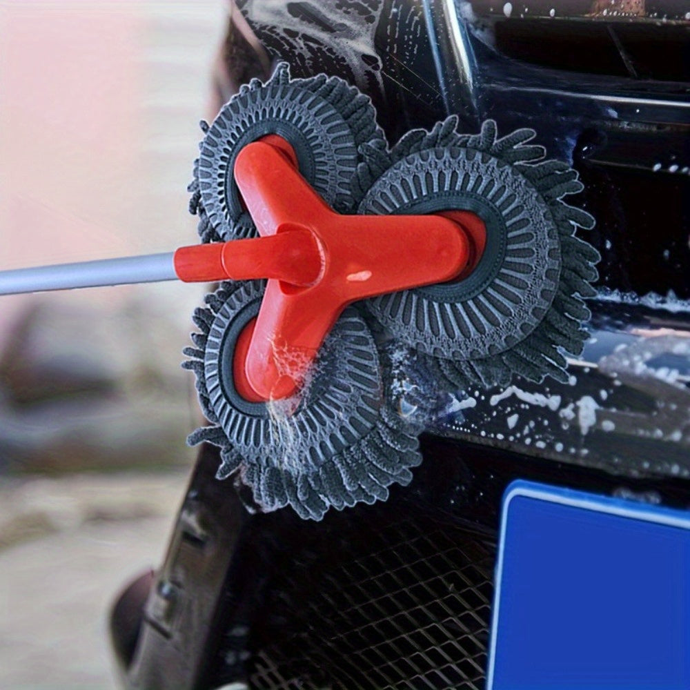 Newly Upgraded Microfiber Car Wash Brush Mop Kit with Long Handle, Chenille three Brush Head Mop, Duster Cleaning Supplies, Car Washing Tools, Durable PP Material