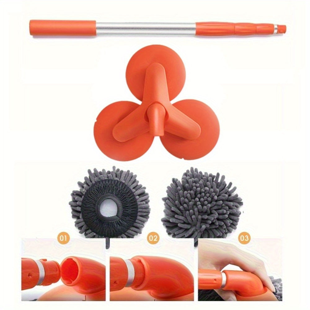 Newly Upgraded Microfiber Car Wash Brush Mop Kit with Long Handle, Chenille three Brush Head Mop, Duster Cleaning Supplies, Car Washing Tools, Durable PP Material