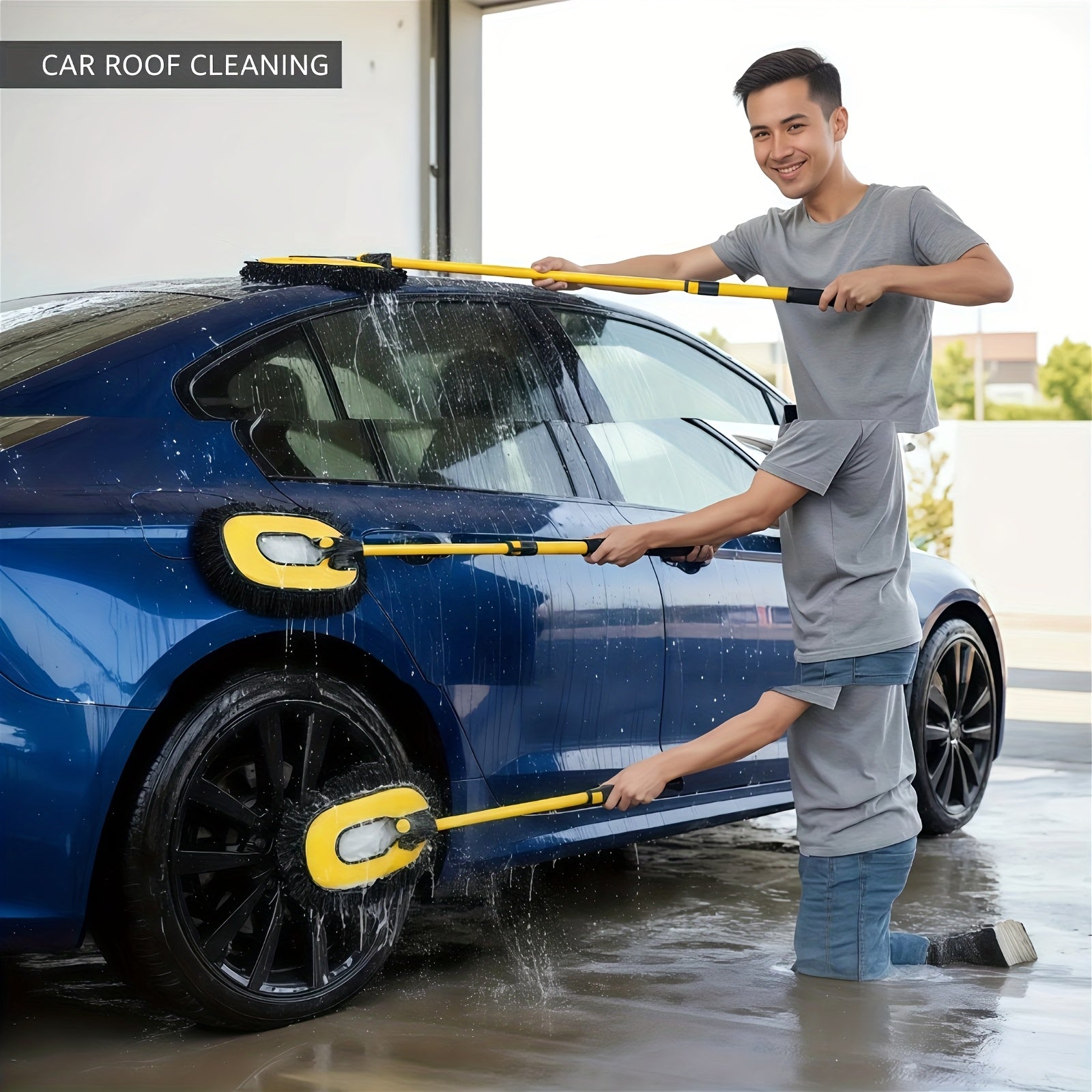 Mop Kit for Car Washing Featuring an Additional Head And a Telescopic Pole, Made of Soft Chenille Microfiber for Gentle Scrubbing, with a Flexible Aluminum Handle (In Yellow), Without Battery
