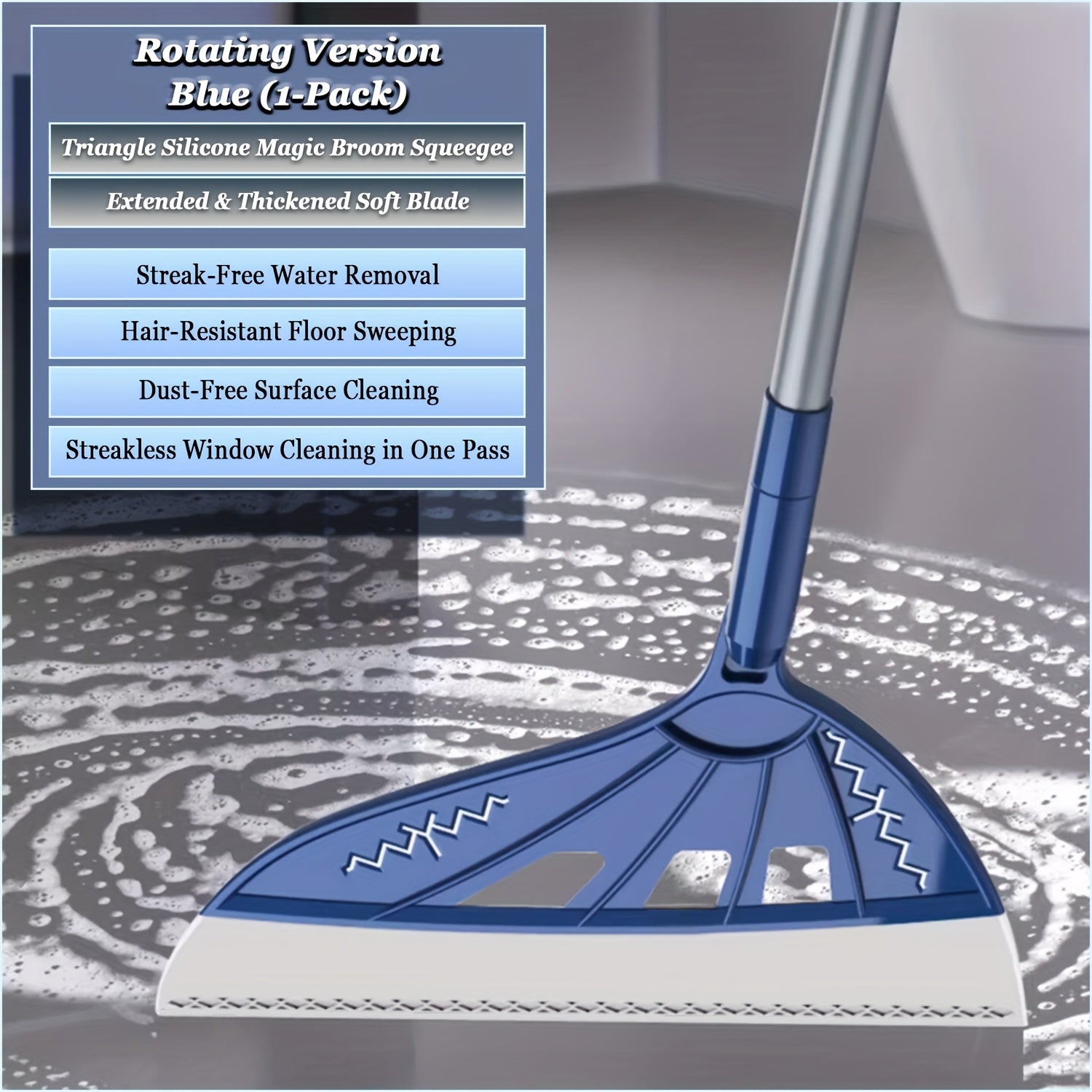 One Blue Silicone Broom! Surpasses Conventional Brooms! 45° Head for a Tight Seal in Hidden Areas, 180° Rotation for Thorough Cleaning Under Beds And Sofas, Perfect for Pet And, Water Marks