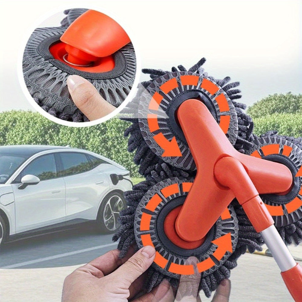 Newly Upgraded Microfiber Car Wash Brush Mop Kit with Long Handle, Chenille three Brush Head Mop, Duster Cleaning Supplies, Car Washing Tools, Durable PP Material