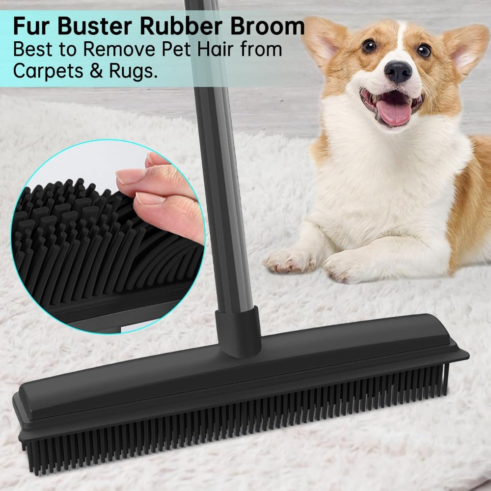 A Versatile Rubber Broom Featuring a Squeegee Edge, Designed for Cleaning Carpets And Equipped with an Adjustable Long Handle, Ideal for Removing Pet Hair from Various Surfaces Including Kitchens, Gardens, And Windows
