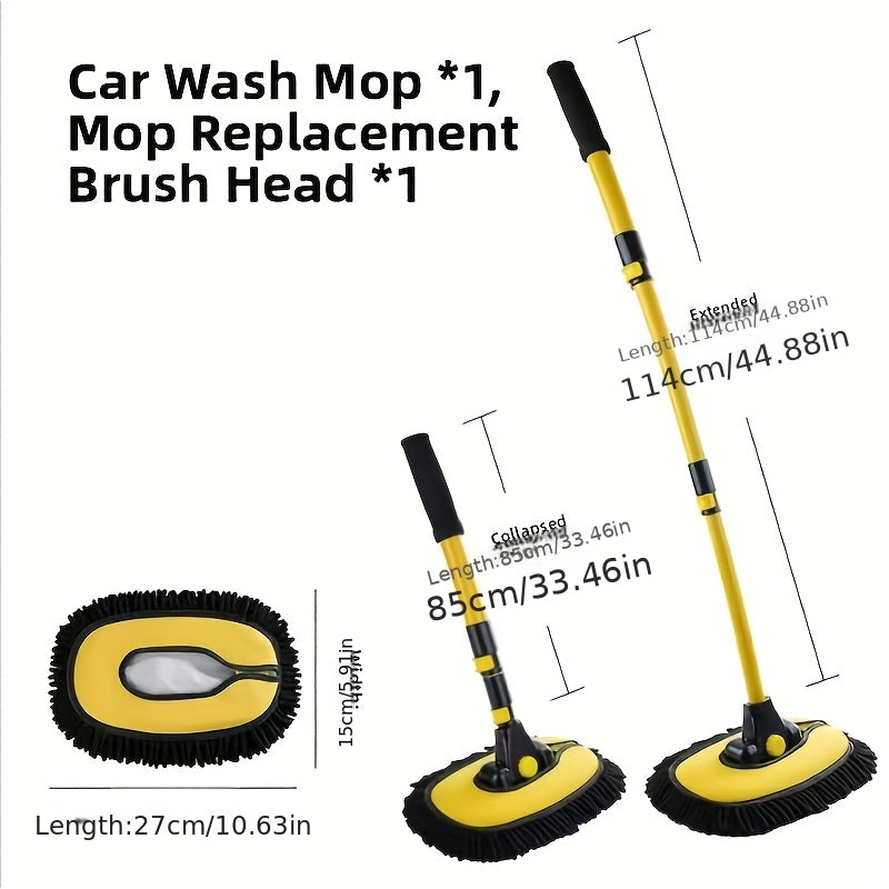 Car Wash Mop with One Replacement Head Cover. Telescopic Bendable Car Wash Brush with Chenille Soft Fibers