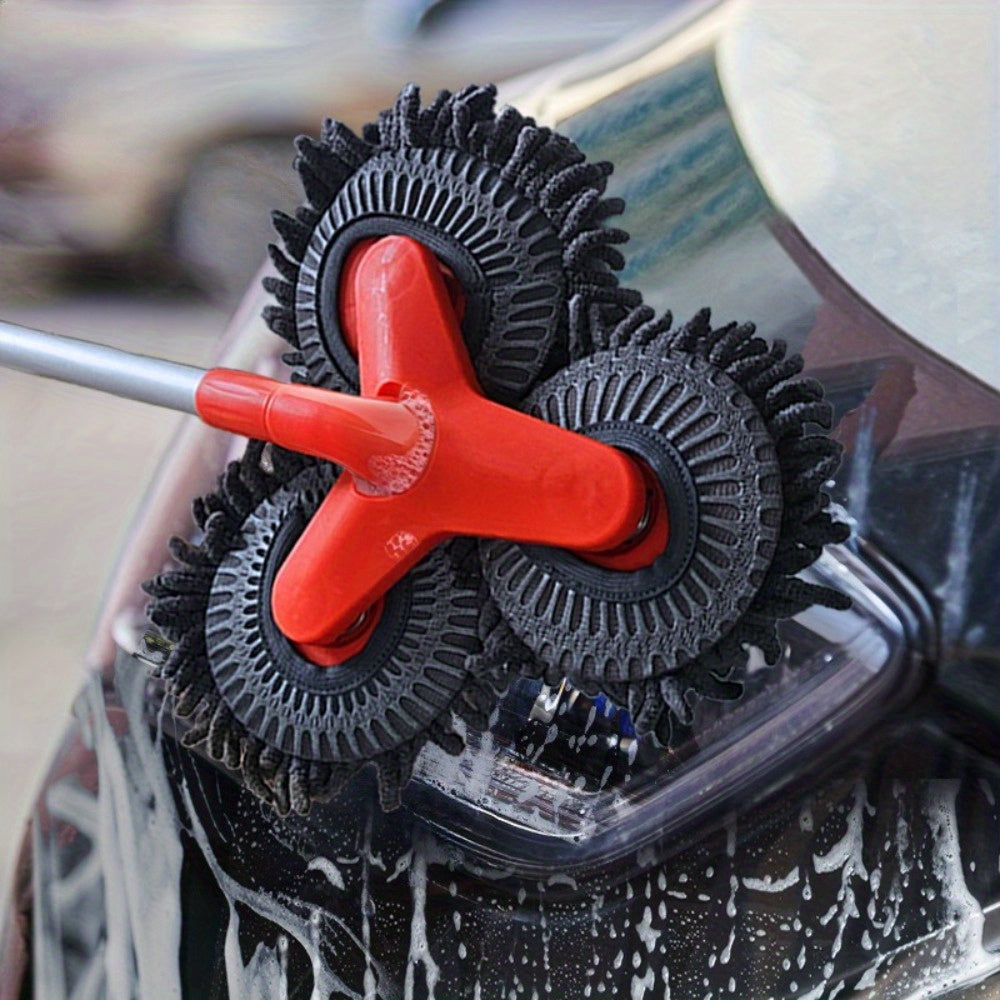 Newly Upgraded Microfiber Car Wash Brush Mop Kit with Long Handle, Chenille three Brush Head Mop, Duster Cleaning Supplies, Car Washing Tools, Durable PP Material