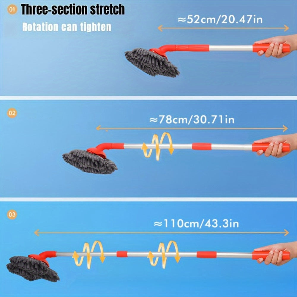 Newly Upgraded Microfiber Car Wash Brush Mop Kit with Long Handle, Chenille three Brush Head Mop, Duster Cleaning Supplies, Car Washing Tools, Durable PP Material