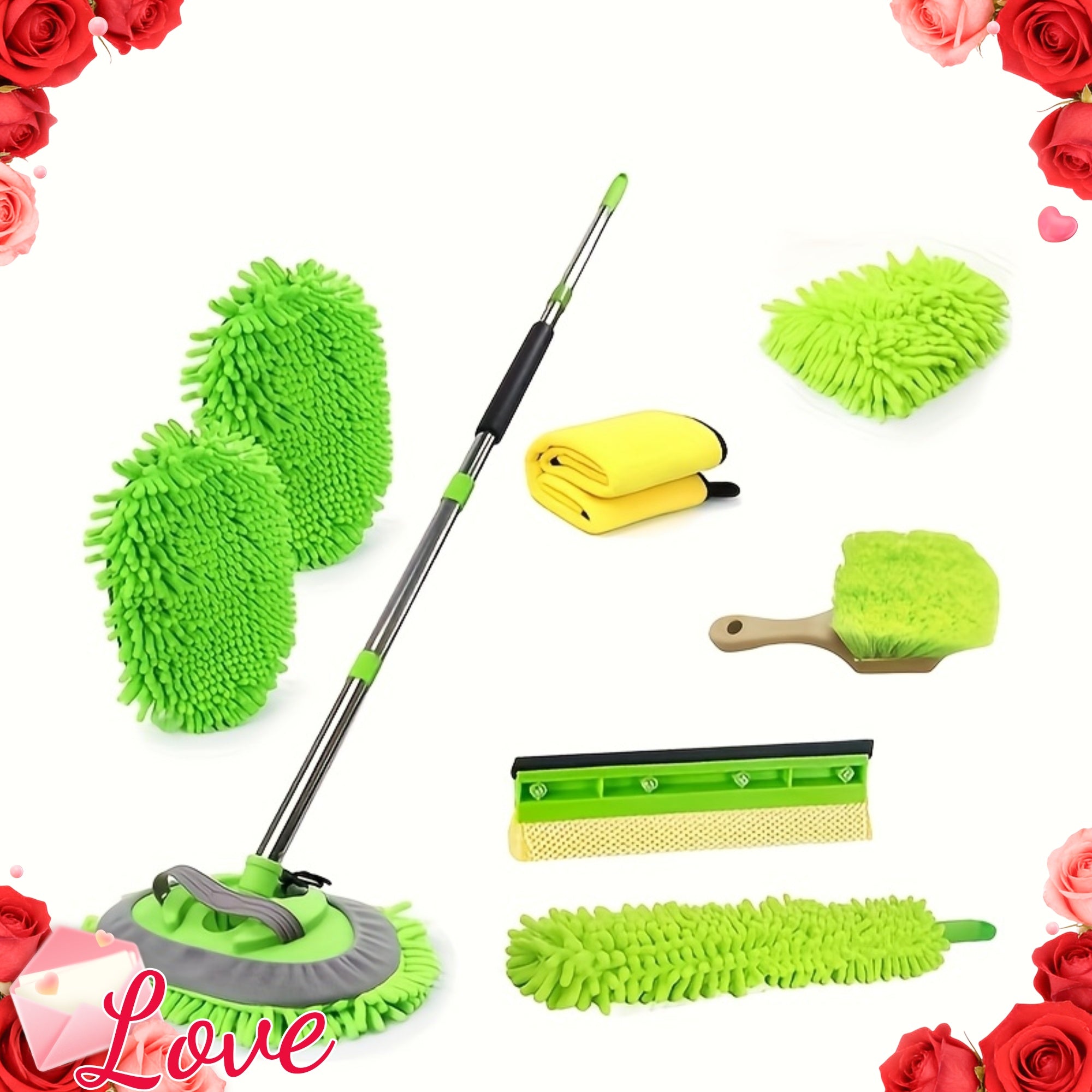 A Car Cleaning Kit with 8 Tools Including a 62-Inch (Approximately 157.5 Cm) Retractable Mop, Sponges, Chenille Microfiber Brushes, Scratch-Resistant Replacement Heads, And Dusters, Suitable for And Trucks, Without Battery