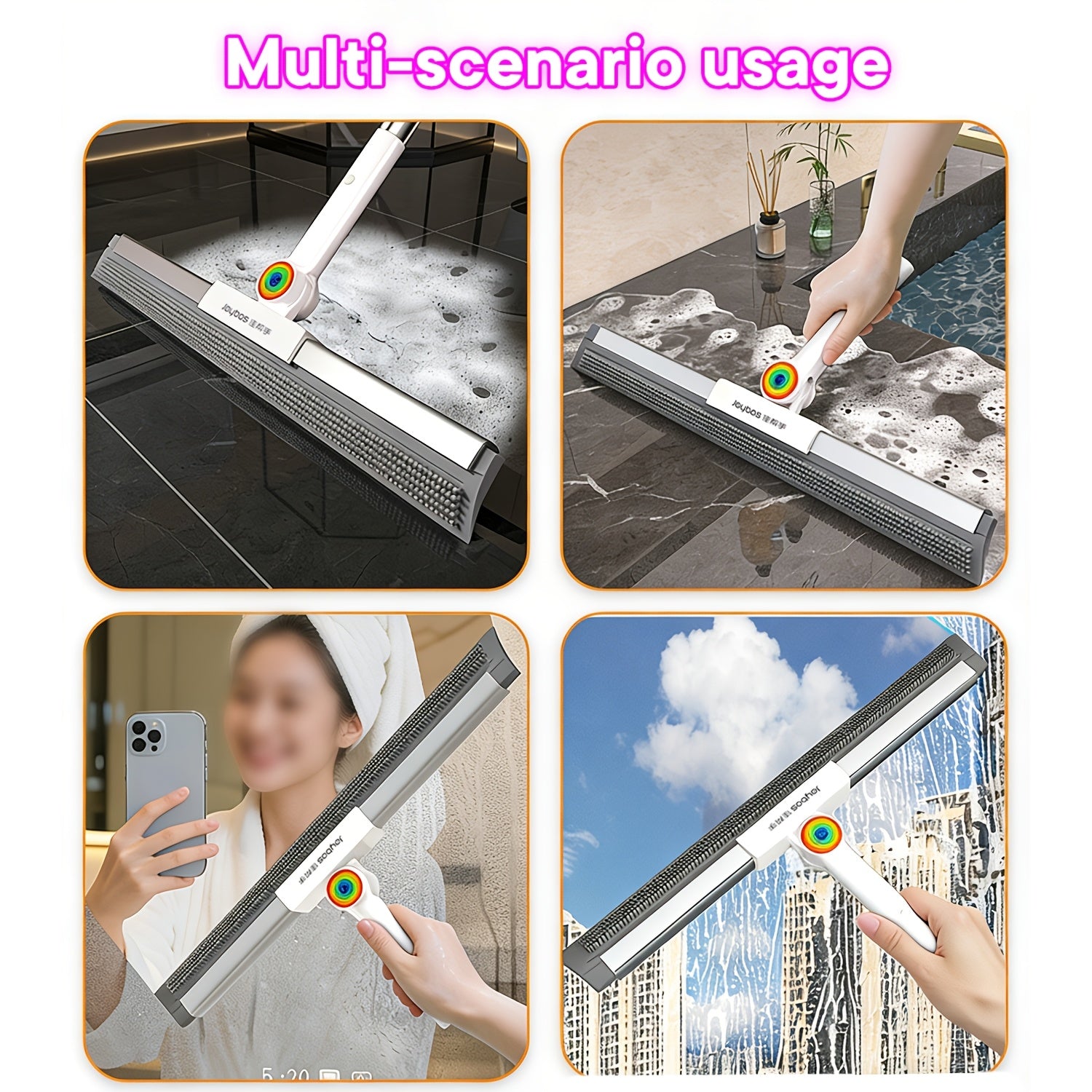 Joybos Heavy Duty Floor Squeegee, Double Sided Rubber Broom with Soft Blade And 180 Degree Rotating Head, Wet And Dry Cleaning Tool for Removing Water Stains And Pet Hair from Floors, Easy Rinse Hanging Storage Spring Cleaning