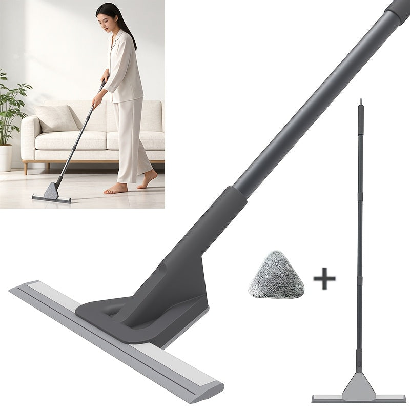 Stainless Steel Floor Wiper with Long Handle & Reusable Cleaning Cloth, Multi-Purpose Floor Scraper Broom for Bathroom Shower Kitchen Tile Glass Window Pet Hair Removal Cleaning Tool
