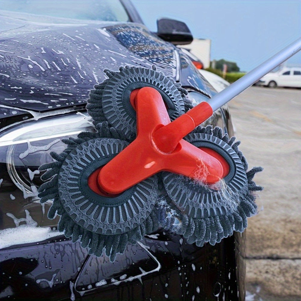 Newly Upgraded Microfiber Car Wash Brush Mop Kit with Long Handle, Chenille three Brush Head Mop, Duster Cleaning Supplies, Car Washing Tools, Durable PP Material