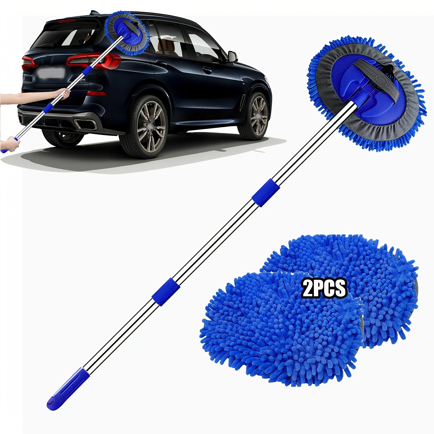 Microfiber Car Wash 2in1 Microfiber Car Wash Brush Mop Set, 47.5Inch Long Handle Kit, Chenille Microfiber Sponge Duster, No Paint Damage No Scratches, for Cleaning Cars, Trucks, SUVs, RVs, Trailers, Boats