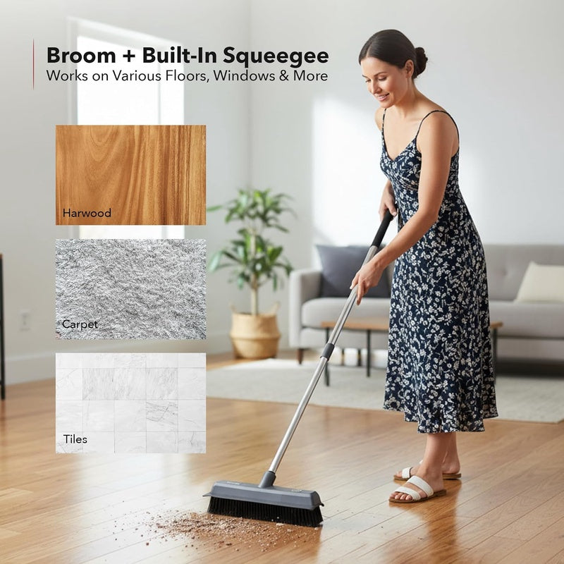 Carpet Rake Rubber Broom for Pet Hair Removal with Squeegee, Detailing Lint Fur Remover Brush, Dustpan and 50 Handle, Cleaning Tools Set for Rug, Hardwood Floor, Tile and Window, Grey CT2504GY