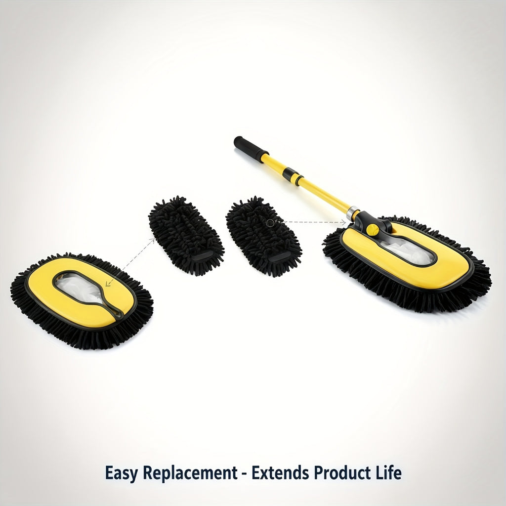 Mop Kit for Car Washing Featuring an Additional Head And a Telescopic Pole, Made of Soft Chenille Microfiber for Gentle Scrubbing, with a Flexible Aluminum Handle (In Yellow), Without Battery